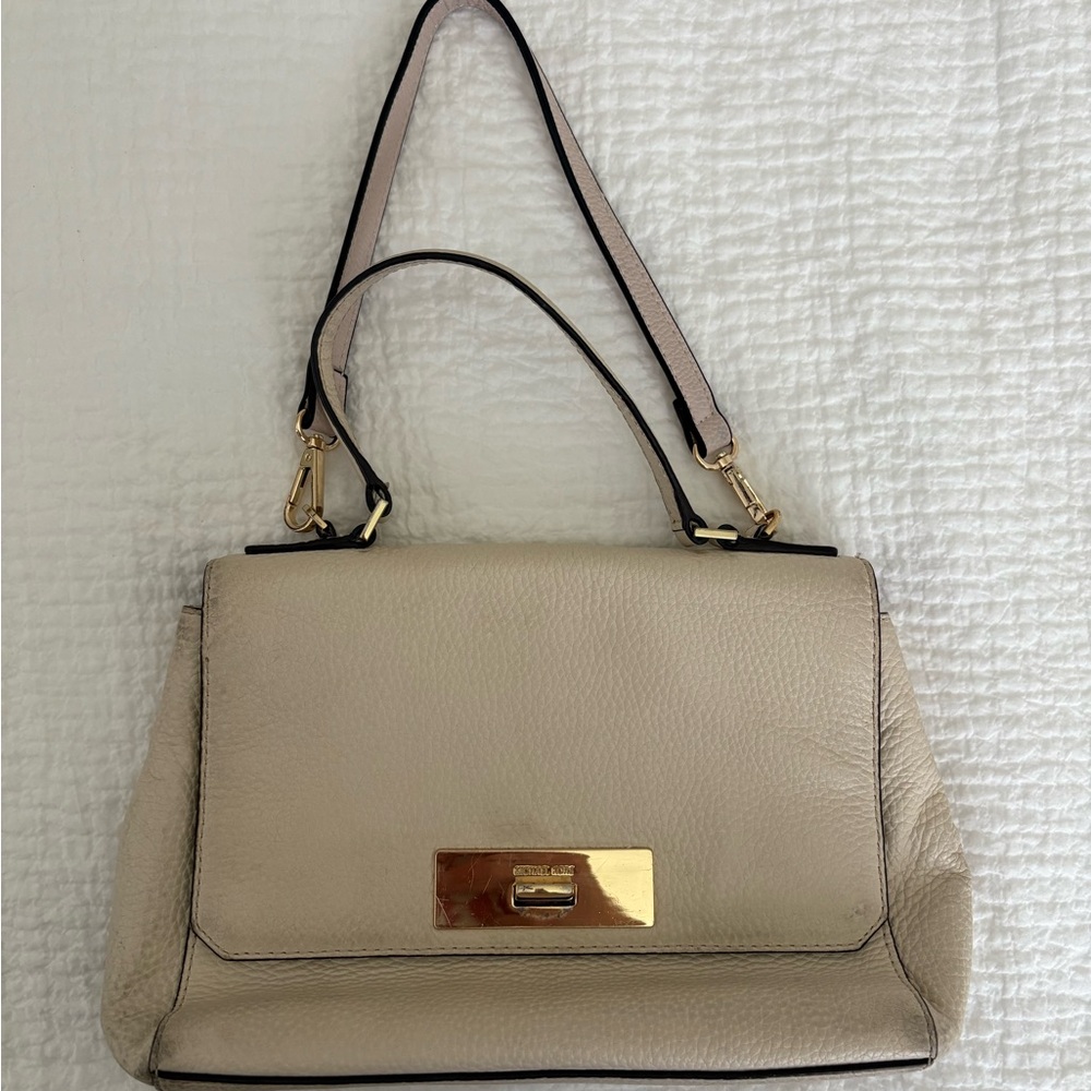 Beige Leather Top-Handle Shoulder Bag